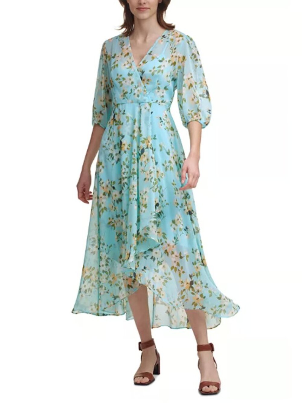 Calvin Klein Pale Blue Floral Wrap Midi Dress